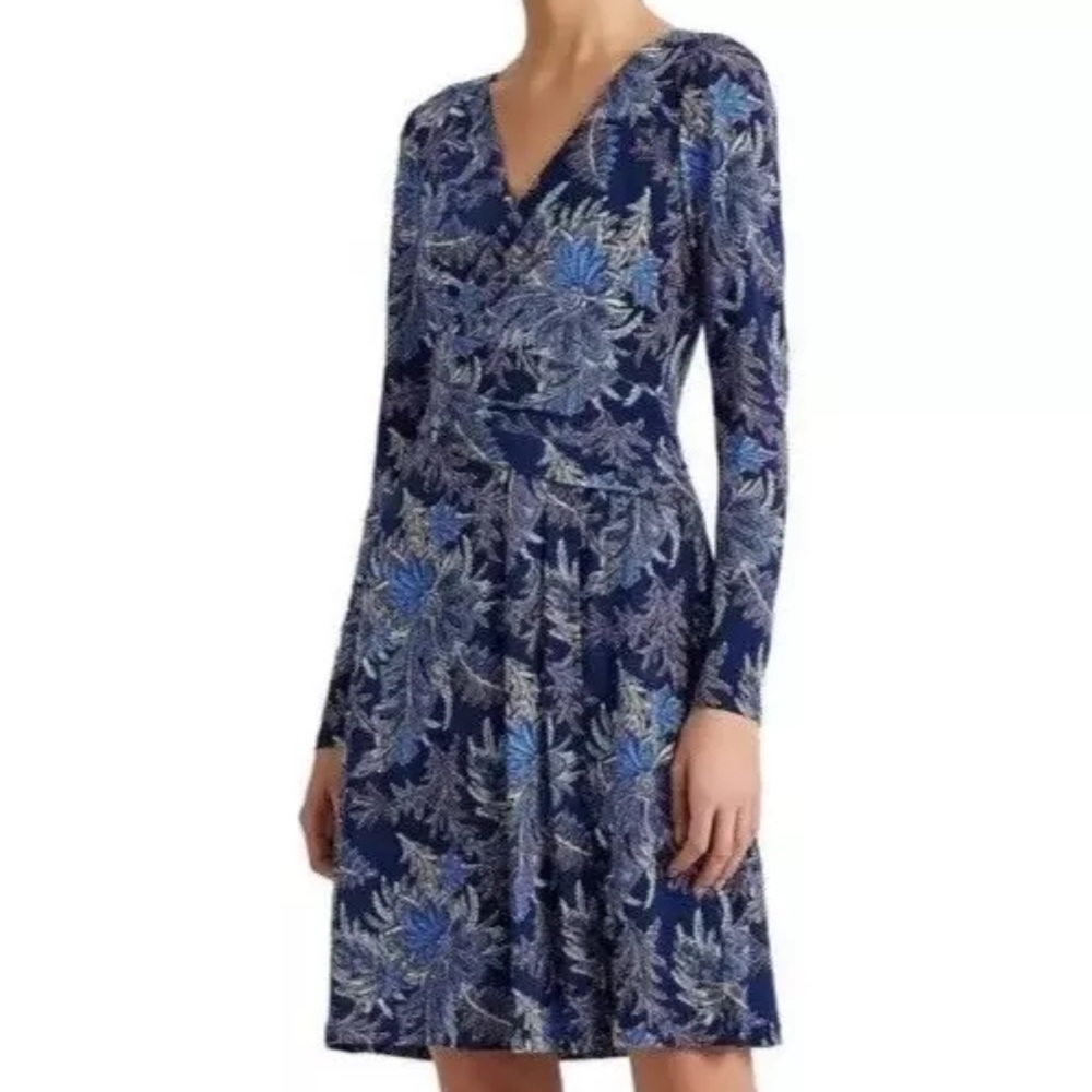 Lauren Ralph Lauren Dress Womens 2 Navy Floral Glendon‎ Long Sleeve Faux Wrap